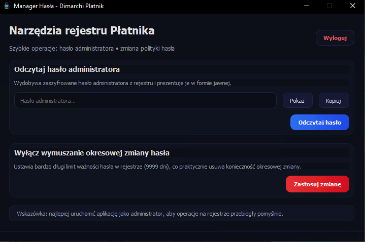 Panel główny Dimarchi Płatnik Manager Haseł